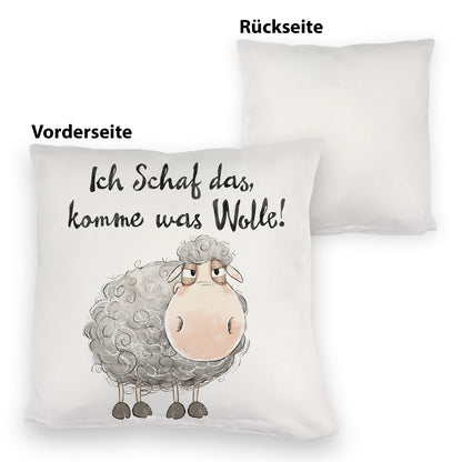 Schaf Kuschelkissen mit Spruch Ich Schaf das komme was Wolle