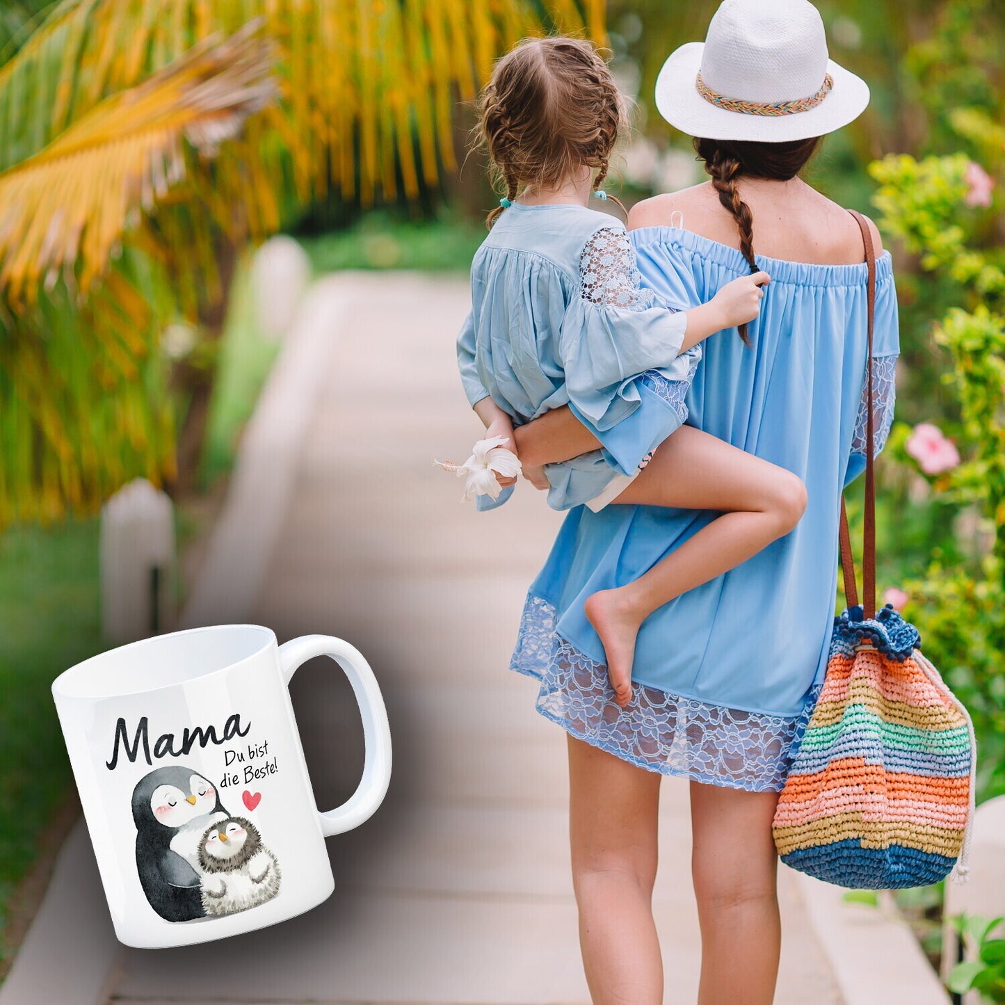 Pinguin Mutter und Kind Kaffeebecher mit Spruch Mama du bist die Beste