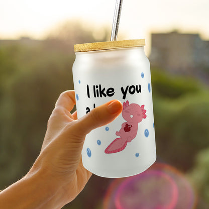 Axolotl Trinkglas mit Bambusdeckel mit Spruch I like you a lotl