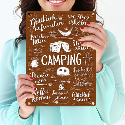 Camping Metallschild in 15x20 cm mit Spruch Glücklich sein, Freiheit genießen, Sterne zählen