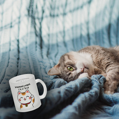 Winkekatze Glas Tasse mit Spruch Konnichiwa