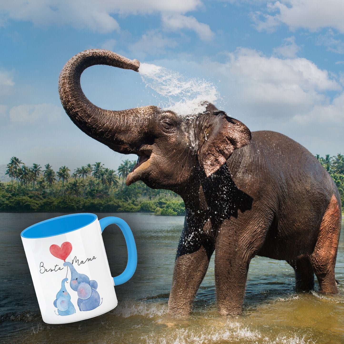 Elefant Mutter und Kind Kaffeebecher in hellblau mit Spruch Beste Mama