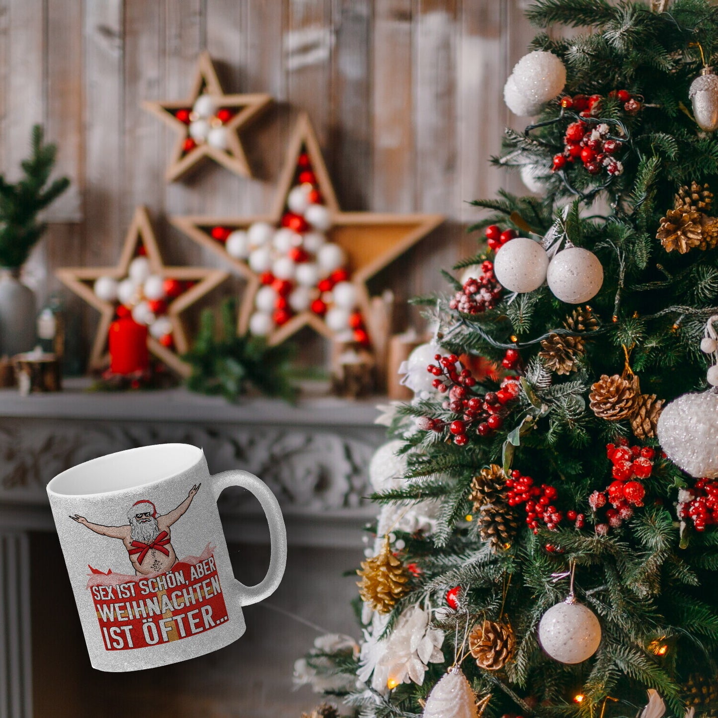 Sex ist schön aber Weihnachten ist öfter Glitzer-Kaffeebecher mit Weihnachtsmann