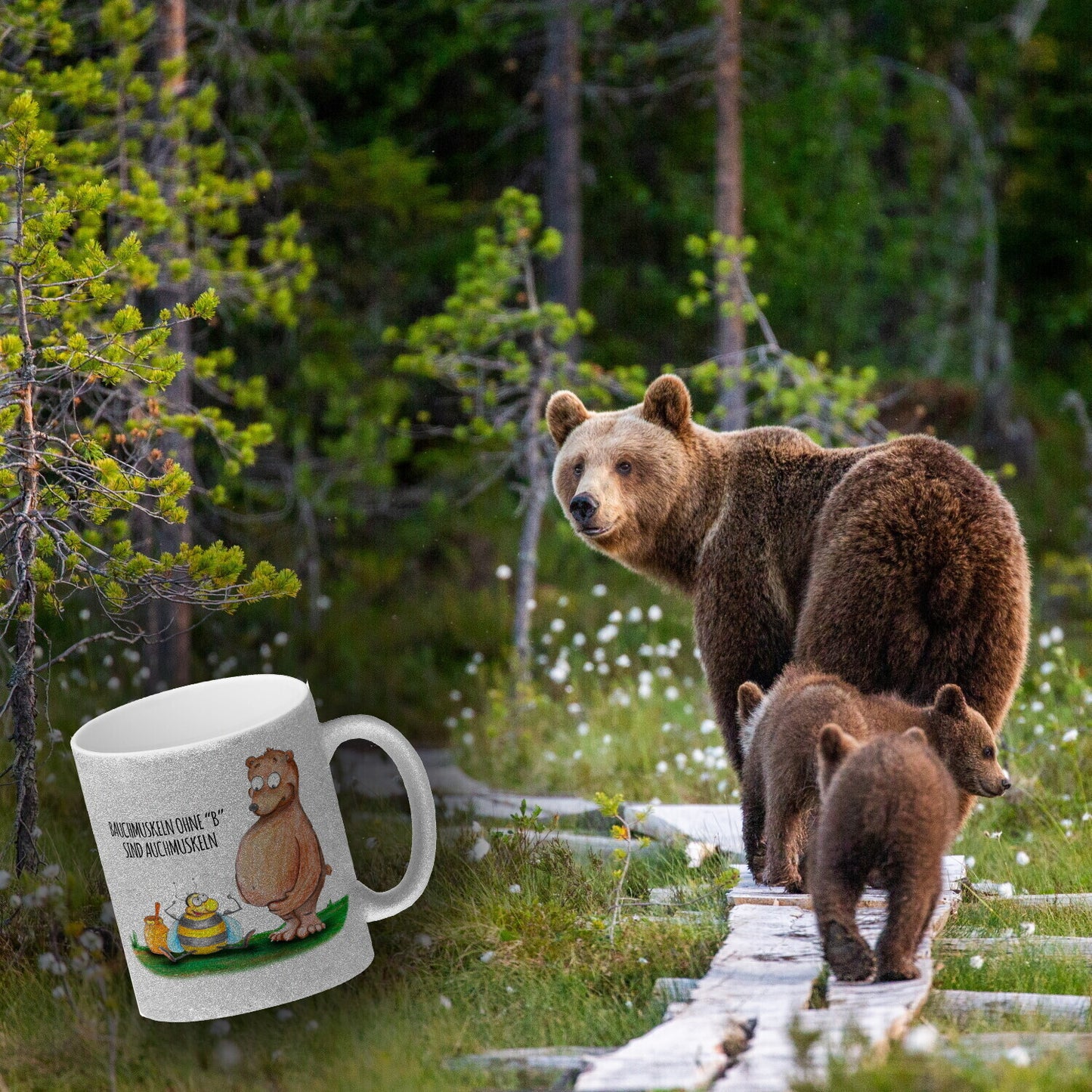 Bauchmuskeln ohne B Glitzer-Glitzer-Kaffeebecher mit Biene und Bär Motiv