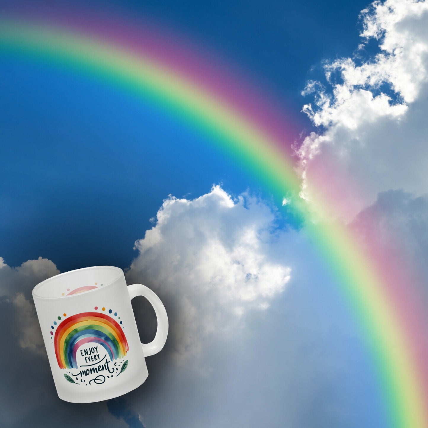 Regenbogen Glas Tasse mit Spruch Enjoy every moment