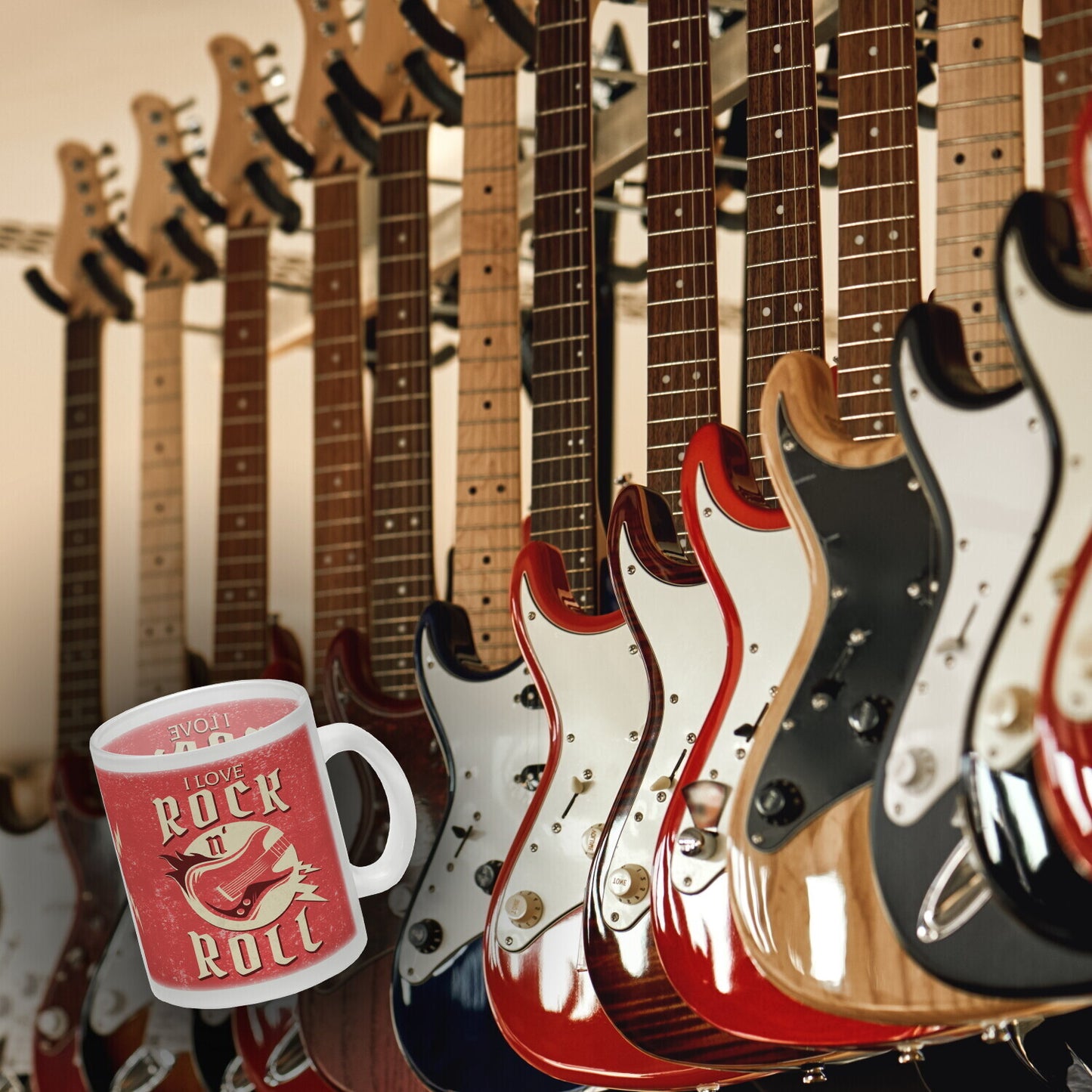 I Love Rock 'n' Roll Glas Tasse mit Gitarren Motiv