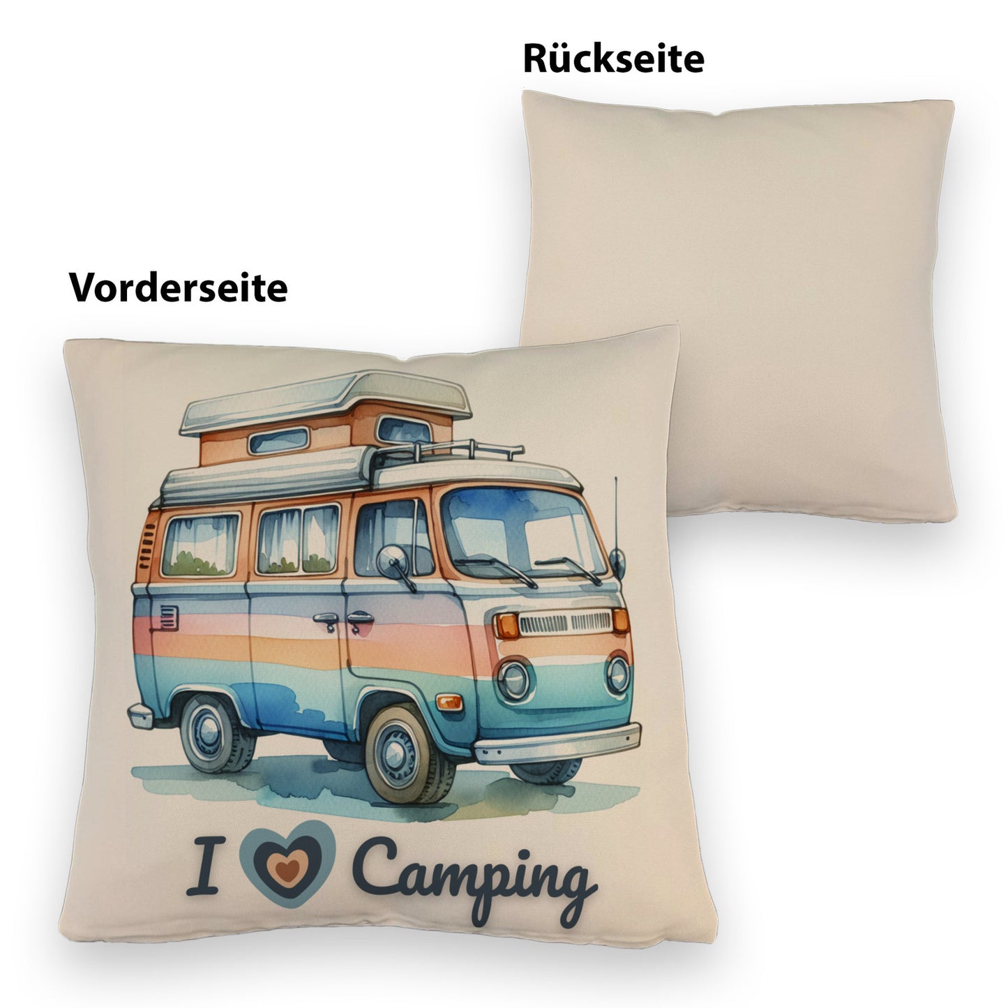 Campervan Kissen mit Leinenoptik mit Spruch I love Camping