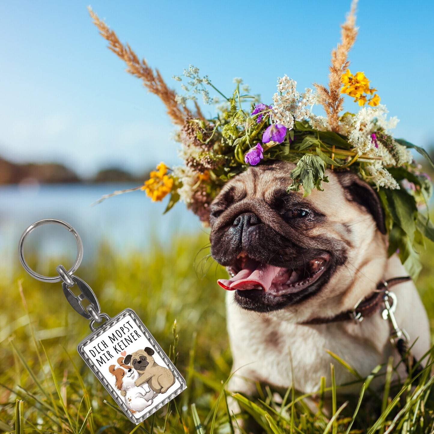 Mops Schlüsselanhänger mit Bordüre mit Spruch Dich mopst mir keiner