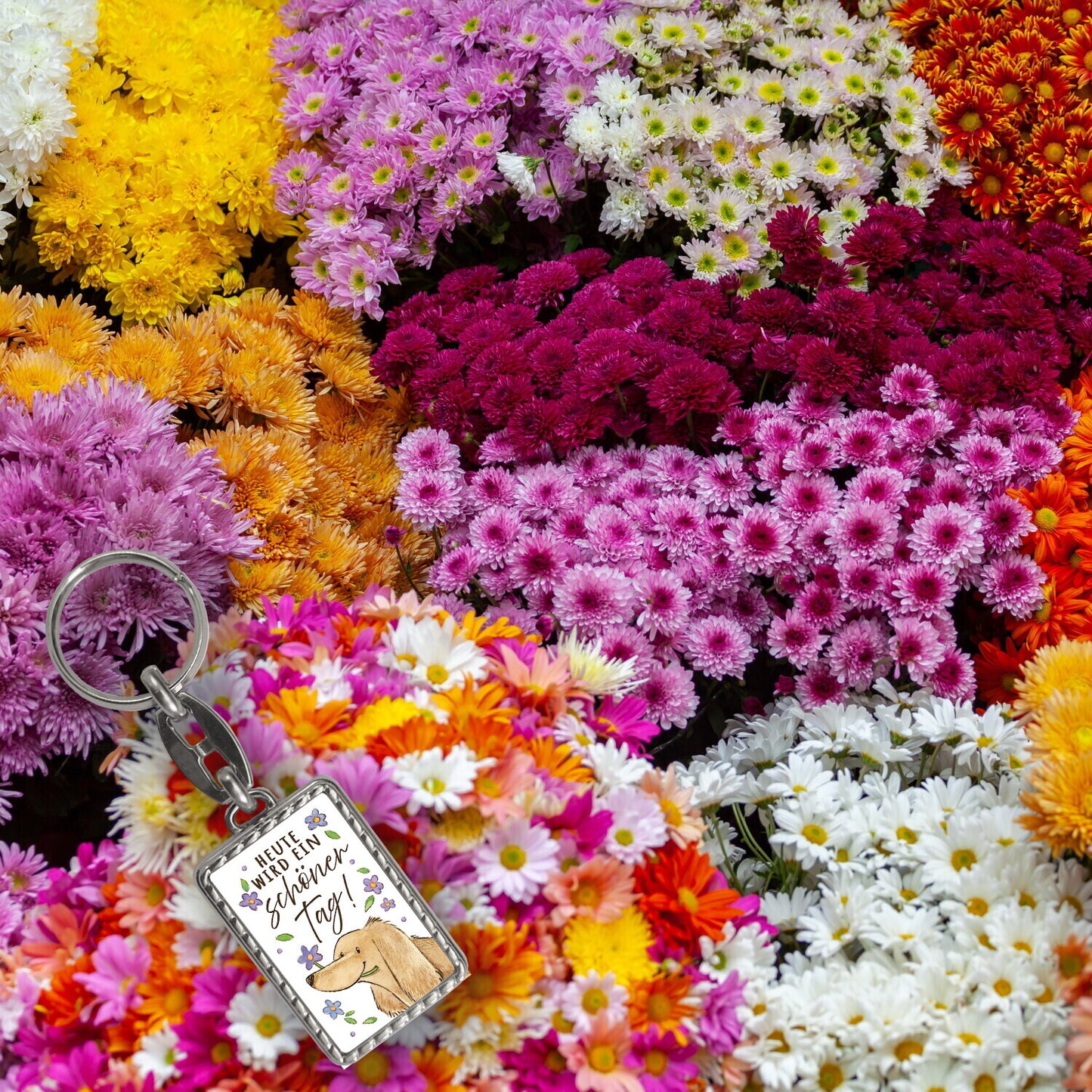 Dackel mit Blume Schlüsselanhänger mit Bordüre mit Spruch Heute wird ein schöner Tag