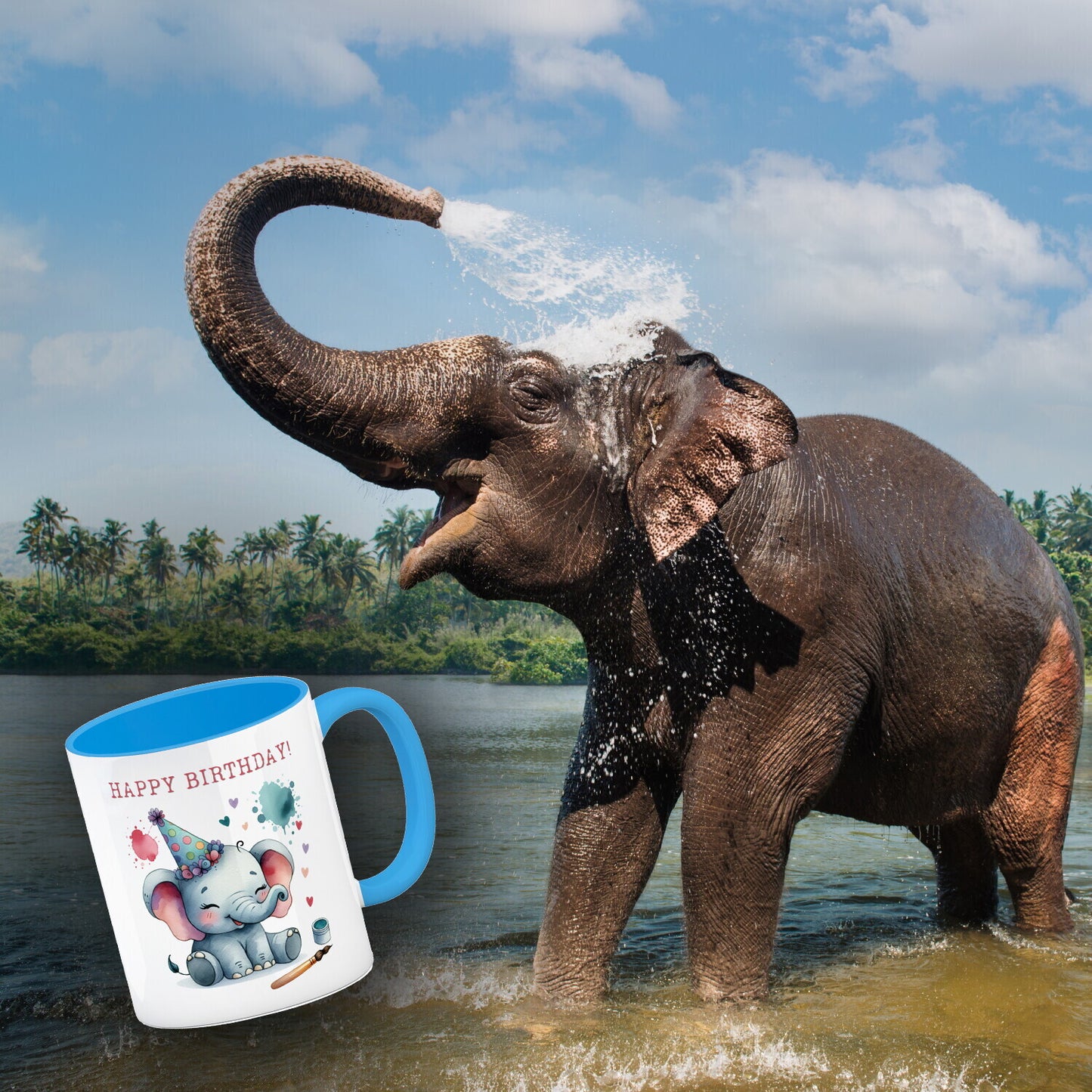 Happy Birthday Elefant Kaffeebecher in hellblau