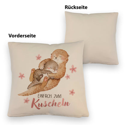 Otter Baby und Mutter Kissen mit Leinenoptik mit Spruch Einfach zum Kuscheln