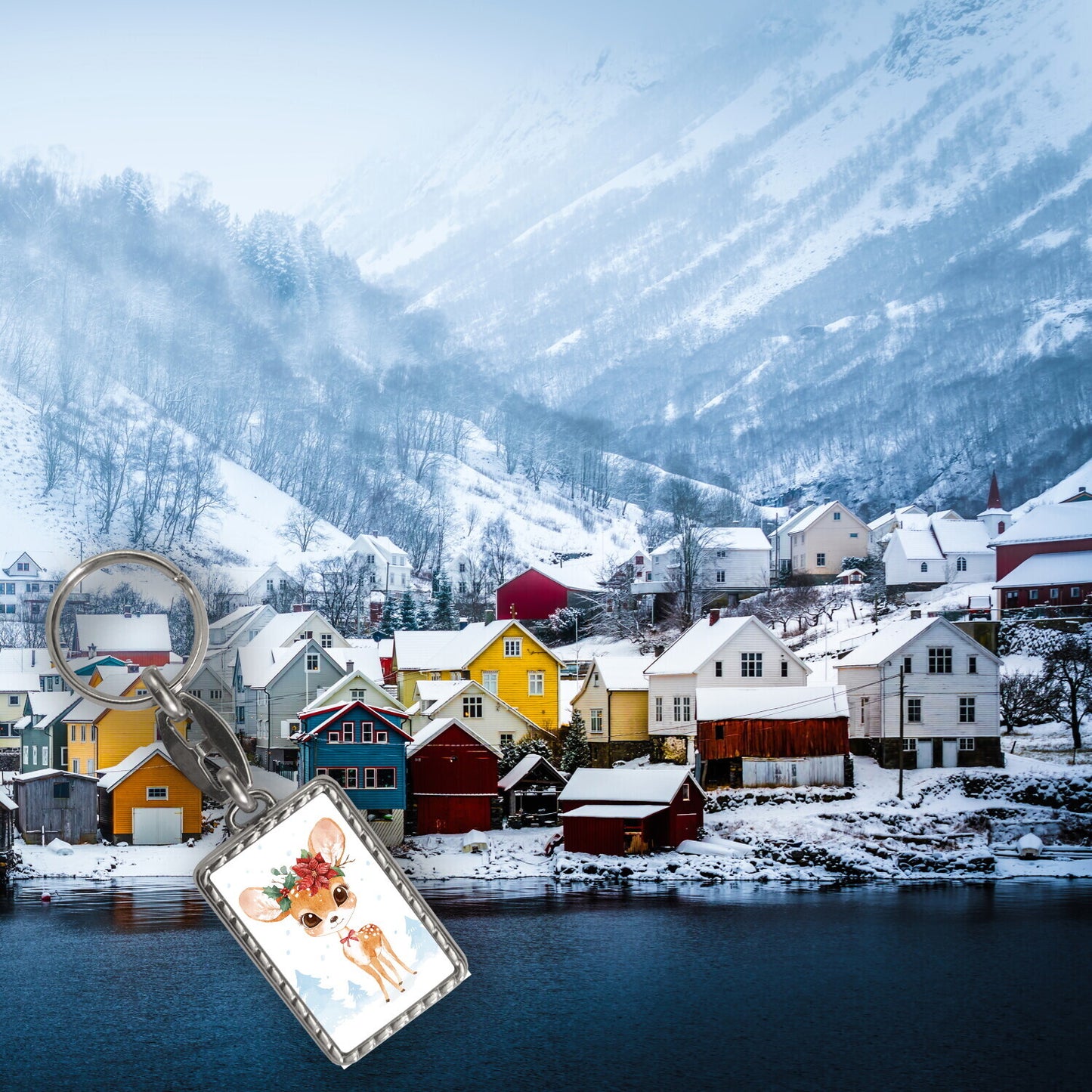 Rehkitz Schlüsselanhänger mit Bordüre im Aquarell-Stil