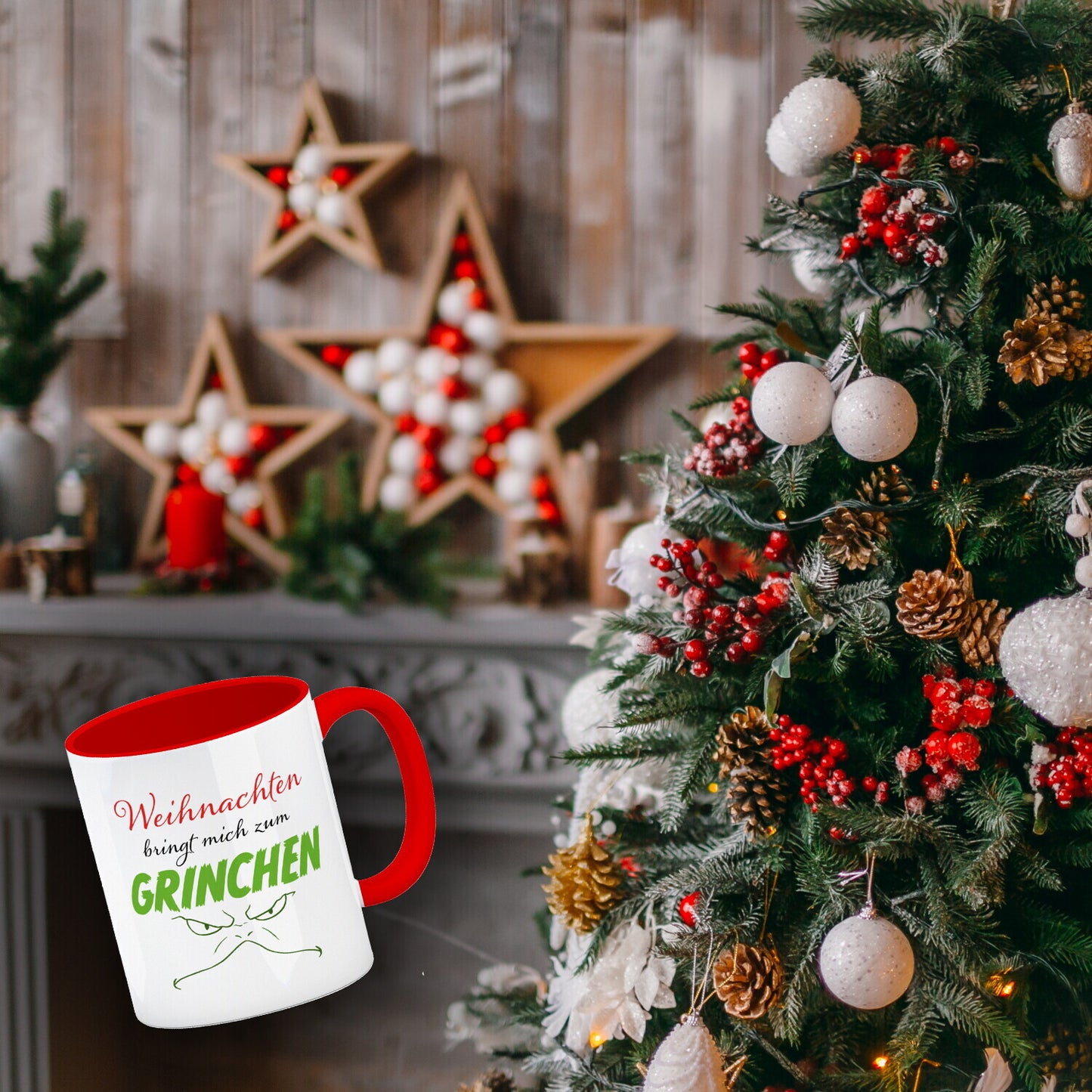 Weihnachten bringt mich zum grinchen Kaffeebecher Rot mit Spruch