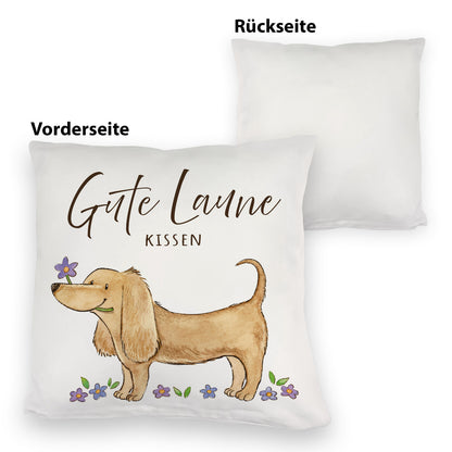 Dackel mit Blume Kuschelkissen mit Spruch Gute Laune Kuschelkissen