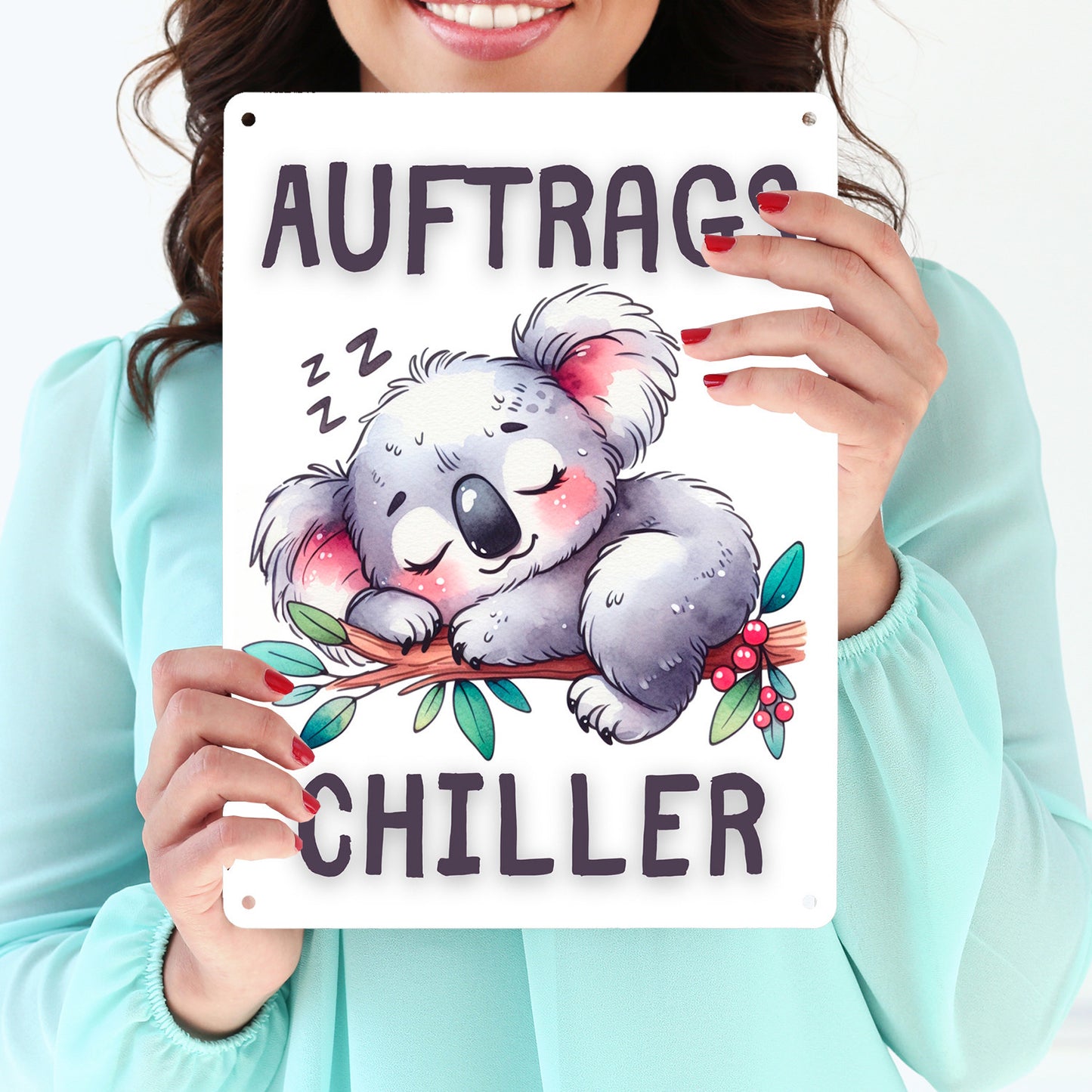 Schlafender Koala Metallschild XL in 21x28 cm mit Spruch Auftragschiller