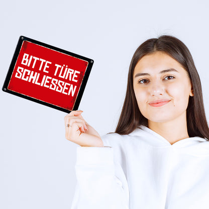 Bitte Türe schließen Warn- und Hinweisschild im Used-Look