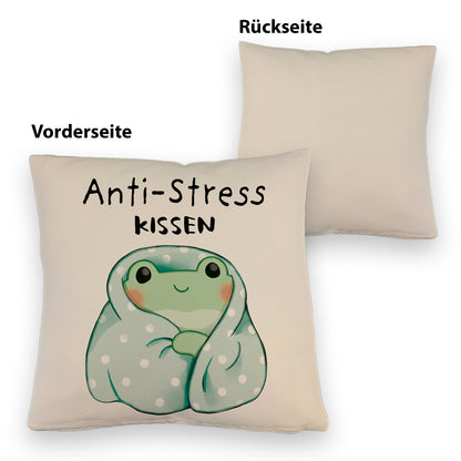 Frosch in blauer Decke Kissen mit Leinenoptik mit Spruch Anti-Stress Kissen mit Leinenoptik