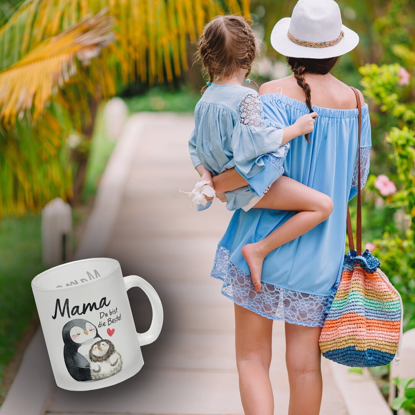 Pinguin Mutter und Kind Glas Tasse mit Spruch Mama du bist die Beste