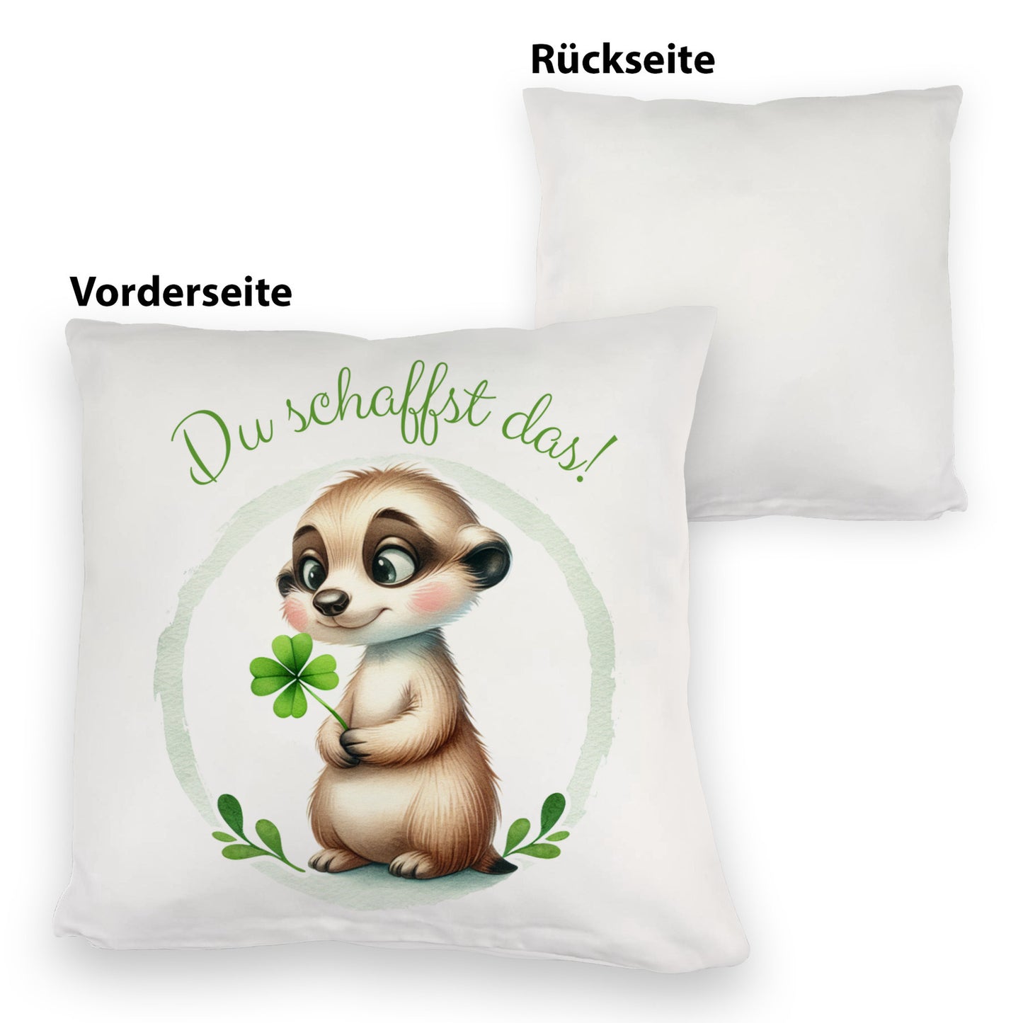 Erdmännchen mit Kleeblatt Kuschelkissen mit Spruch Du schaffst das