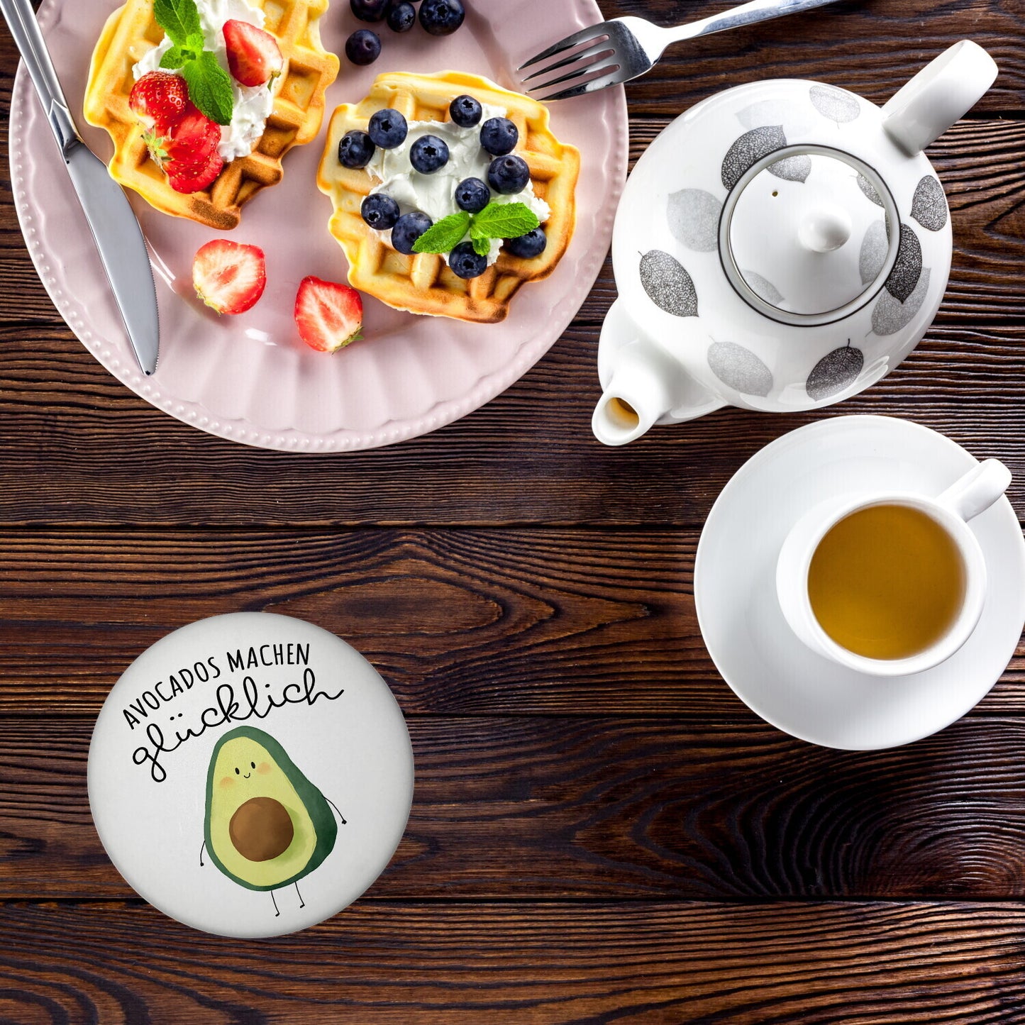 Niedliche Avocado Magnet rund rund mit Spruch Avocados machen glücklich