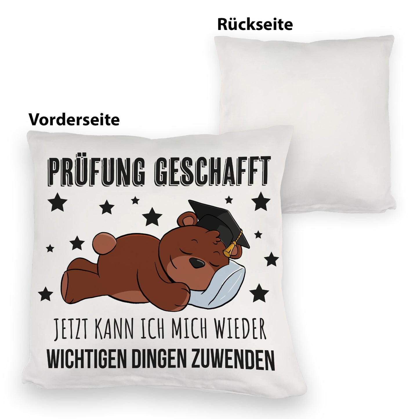 Schlafender Bär mit Doktorhut Kuschelkissen mit Spruch Prüfung bestanden