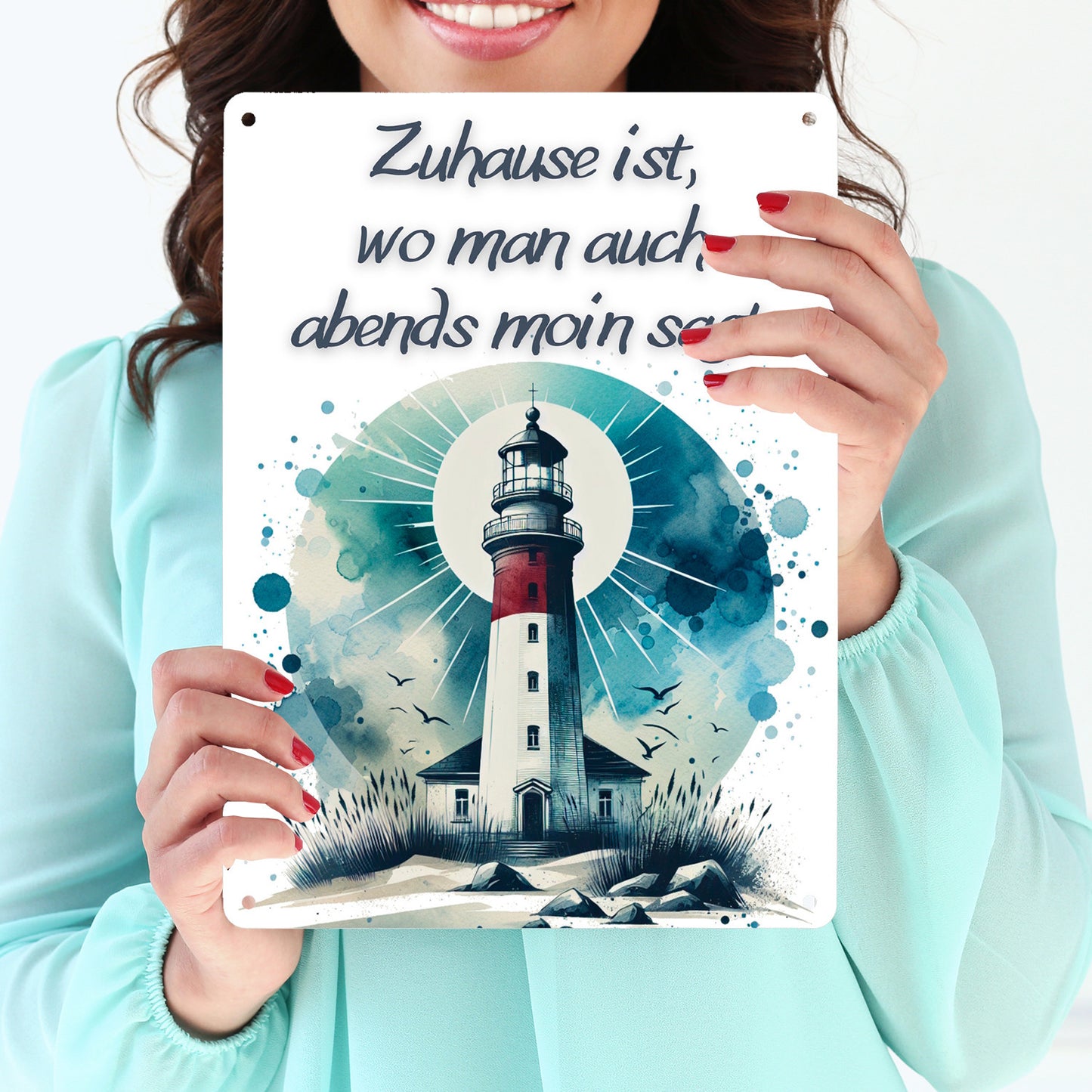 Leuchtturm Metallschild XL in 21x28 cm mit Spruch Zuhause ist, wo man auch abends moin sagt