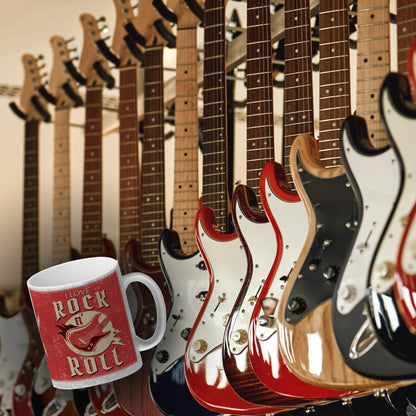 I Love Rock 'n' Roll Glitzer-Kaffeebecher mit Gitarren Motiv