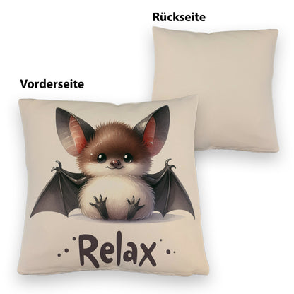 Baby Fledermaus Kissen mit Leinenoptik mit Spruch Relax