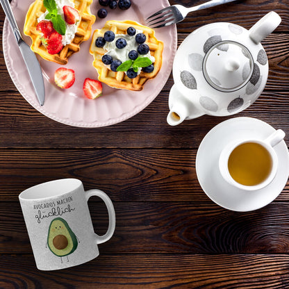 Niedliche Avocado Glitzer-Kaffeebecher mit Spruch Avocados machen glücklich