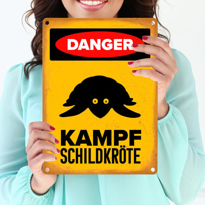 Danger Kampf Schildkröte Metallschild in 15x20 cm mit Schildkröten Silhouette