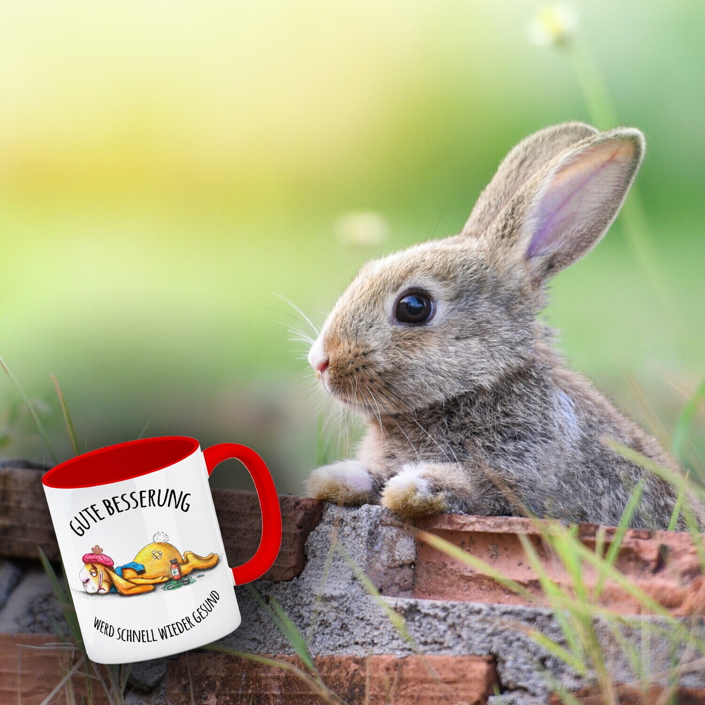 Gute Besserung, werd schnell wieder gesund Kaffeebecher Henkel und Innenseite Rot mit Hase Motiv