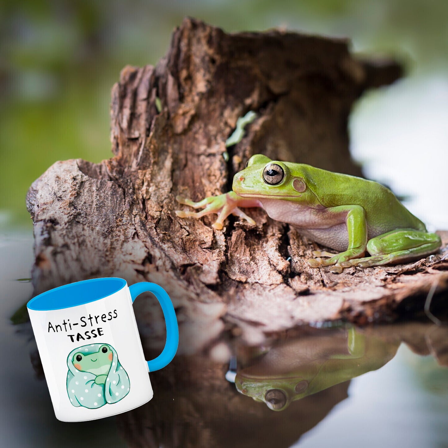 Frosch in blauer Decke mit Spruch Anti-Stress Tasse