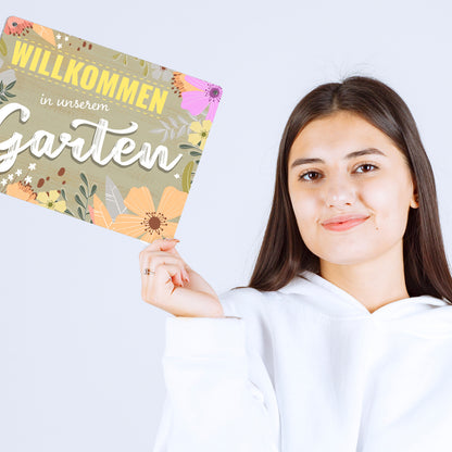 Willkommen in unserem Garten Metallschild XL mit Blumenmustern