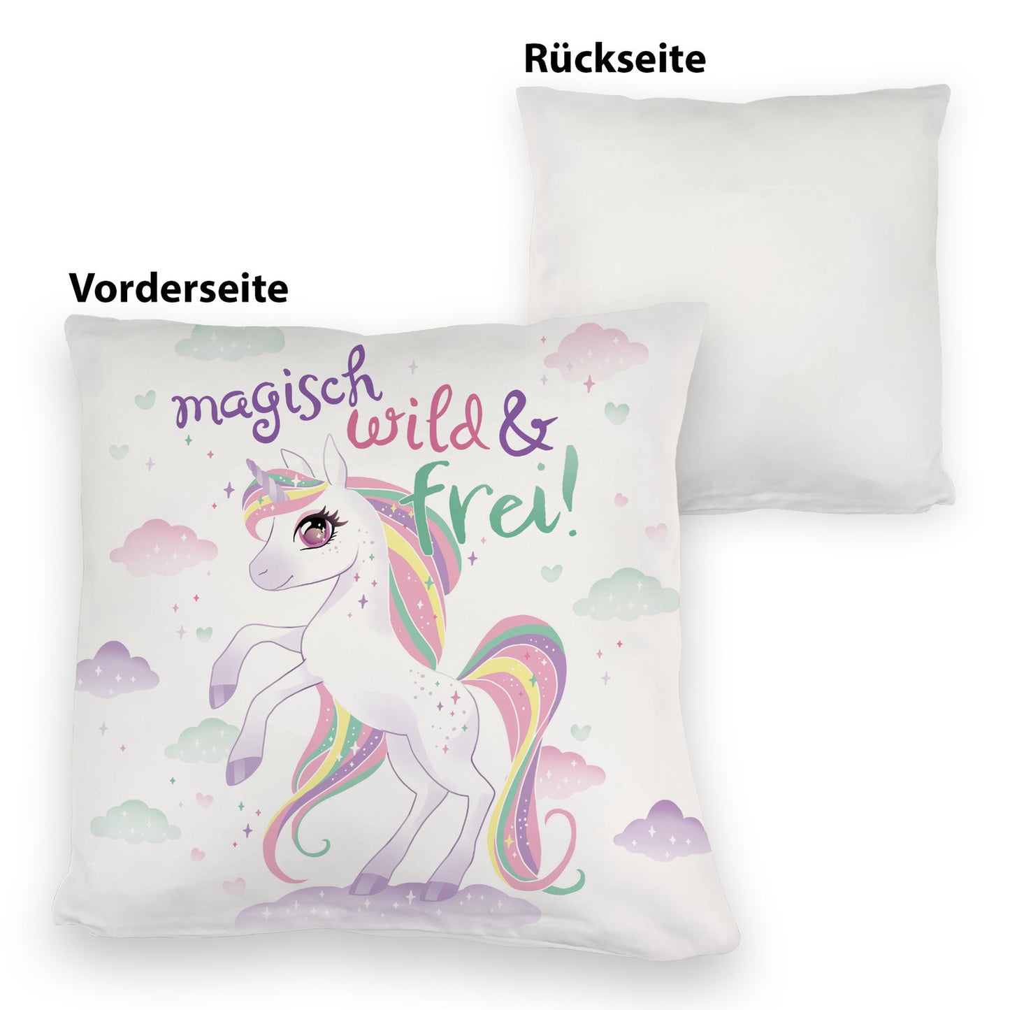 Einhorn Kuschelkissen mit Spruch Magisch wild und frei