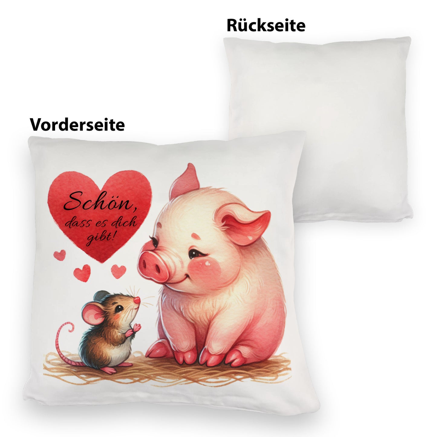 Schwein mit Maus und Herz Kuschelkissen mit Spruch Schön dass es dich gibt