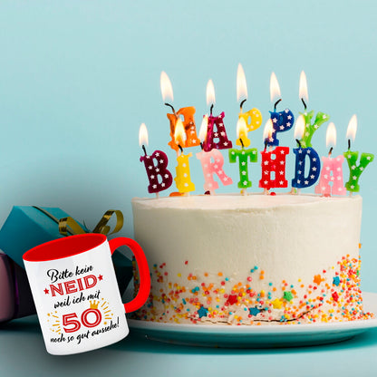 50. Geburtstag Kaffeebecher Rot mit lustigem Spruch: Neid