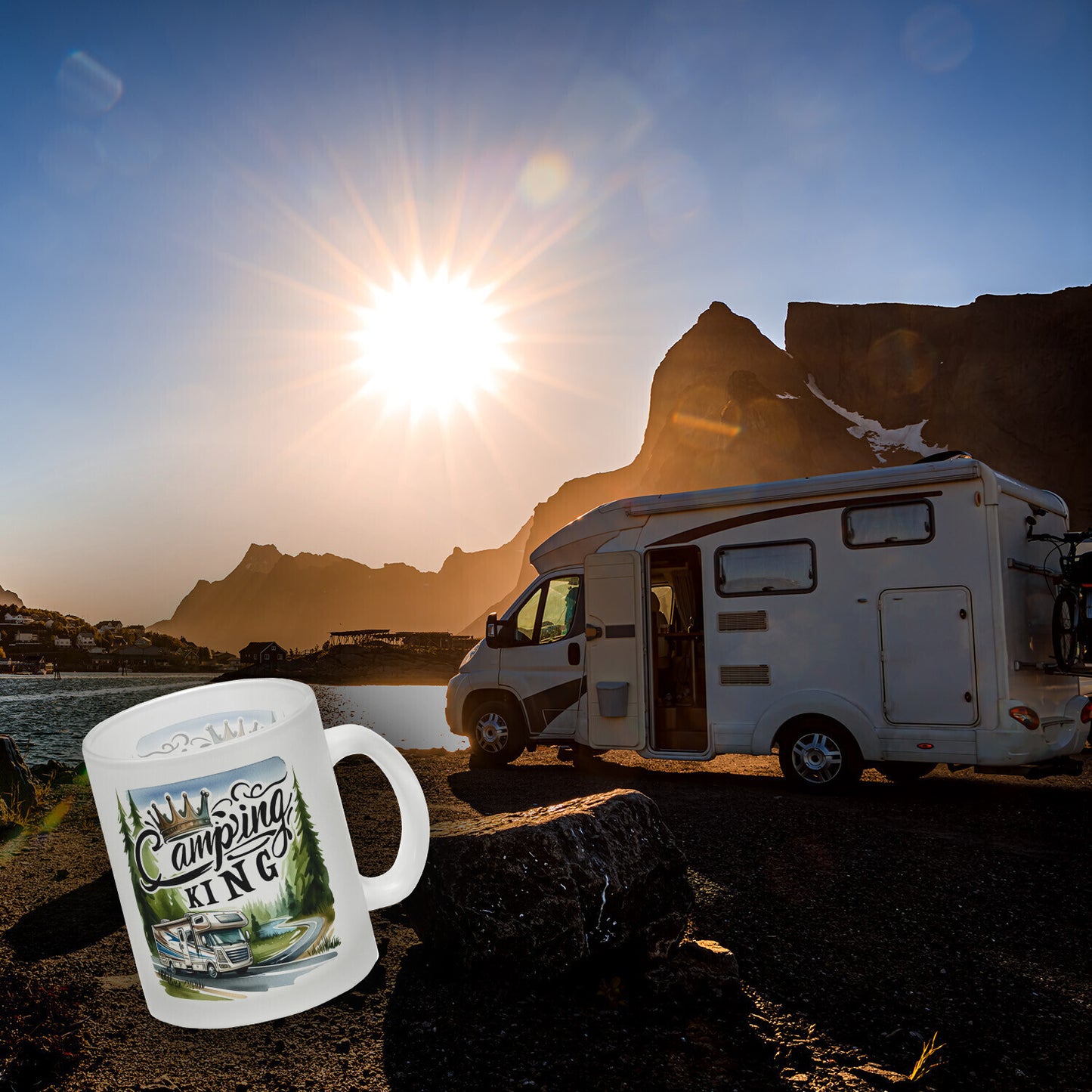 Camping King mit Wohnmobil Glas Tasse