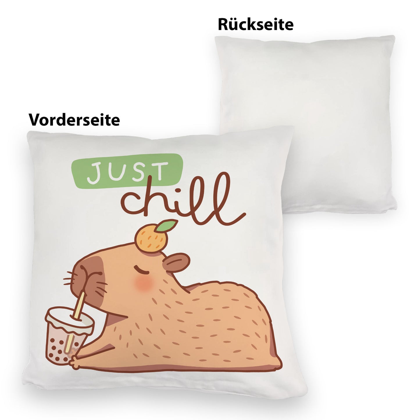 Capybara mit Bubble Tea Kuschelkissen mit Spruch Just Chill