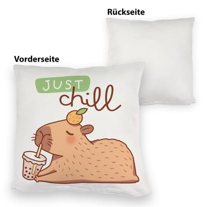 Capybara mit Bubble Tea Kuschelkissen mit Spruch Just Chill