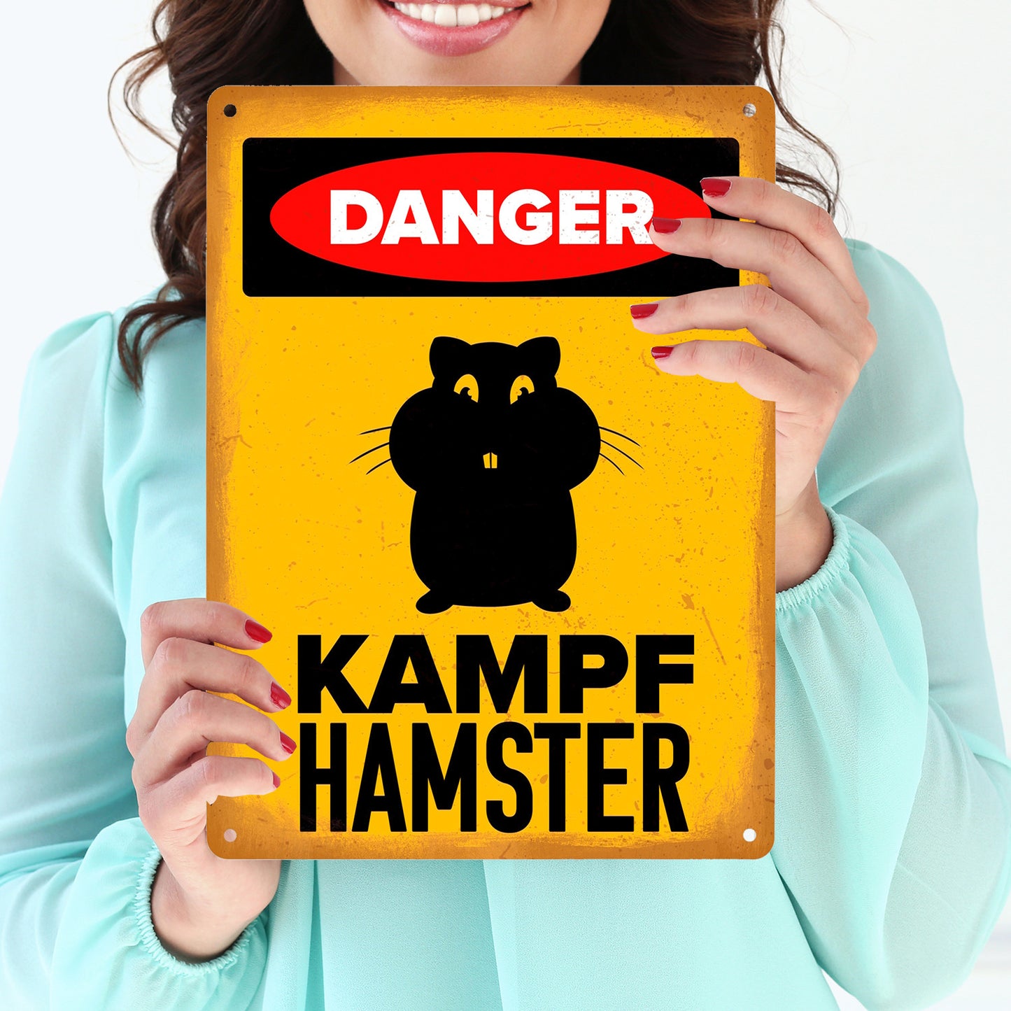 Danger Kampf Hamster Metallschild XL in 21x28 cm mit Hamster Silhouette