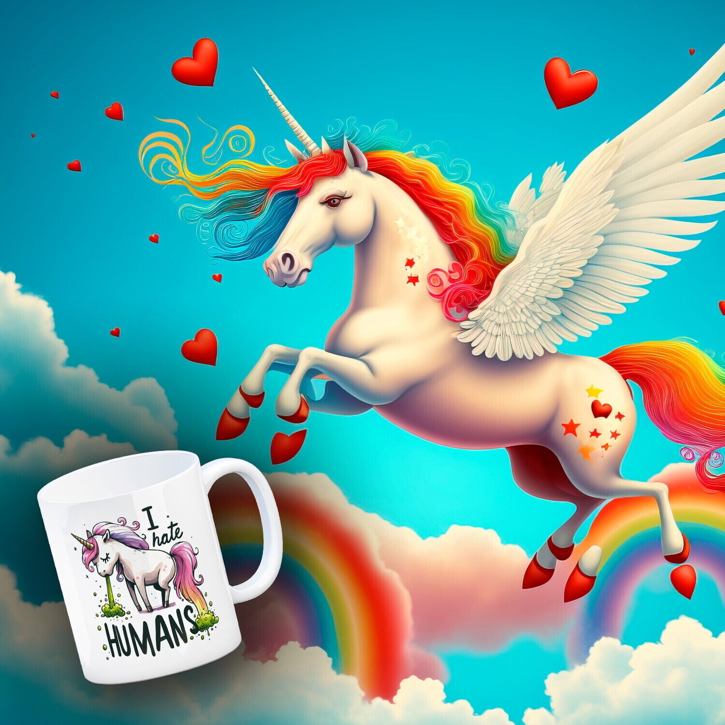 Kotzendes Einhorn Kaffeebecher mit Spruch I hate Humans