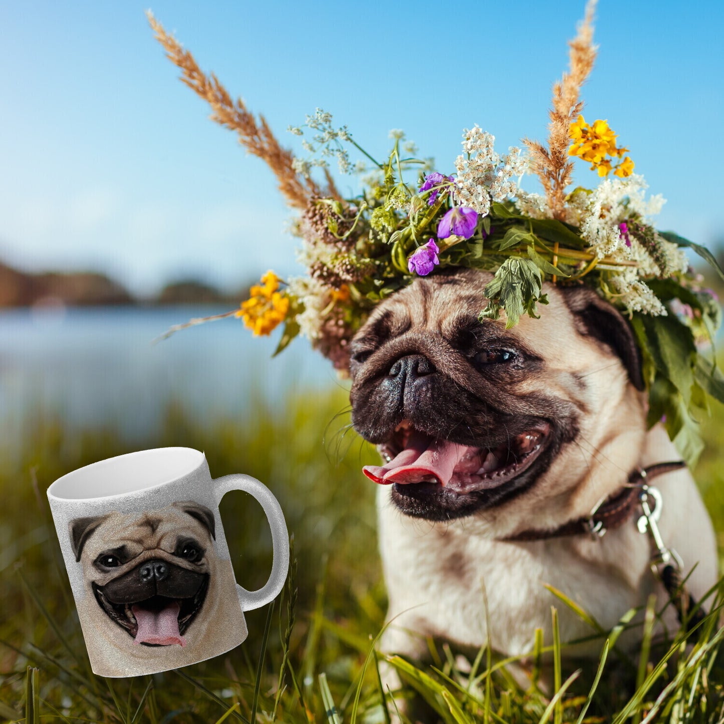 Glitzer-Glitzer-Kaffeebecher mit Mops Motiv