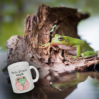 Frosch in rosa Decke mit Spruch Anti-Stress Tasse