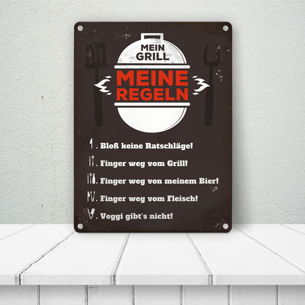 Mein Grill meine Regeln Blechschild in 15x20 cm