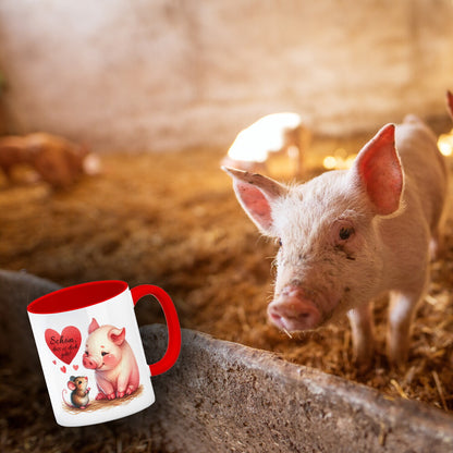 Schwein mit Maus und Herz Kaffeebecher in rot mit Spruch Schön dass es dich gibt