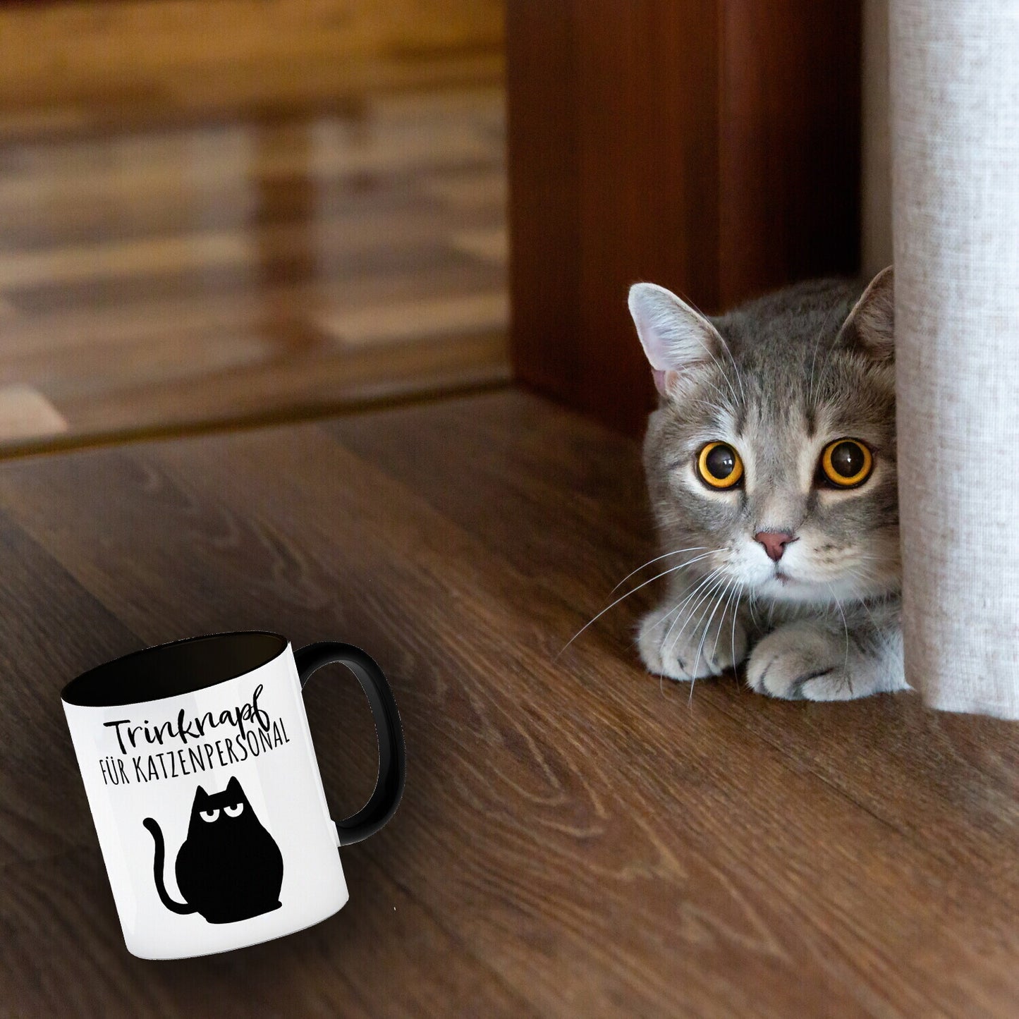 Katze Kaffeebecher in schwarz mit Spruch Trinknapf für Katzenbesitzer