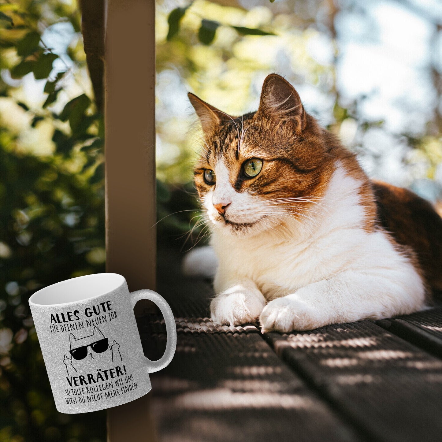 Katze mit Mittelfinger Glitzer-Kaffeebecher mit Spruch Viel Erfolg du Verräter