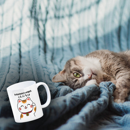 Winkekatze Kaffeebecher mit Spruch Konnichiwa