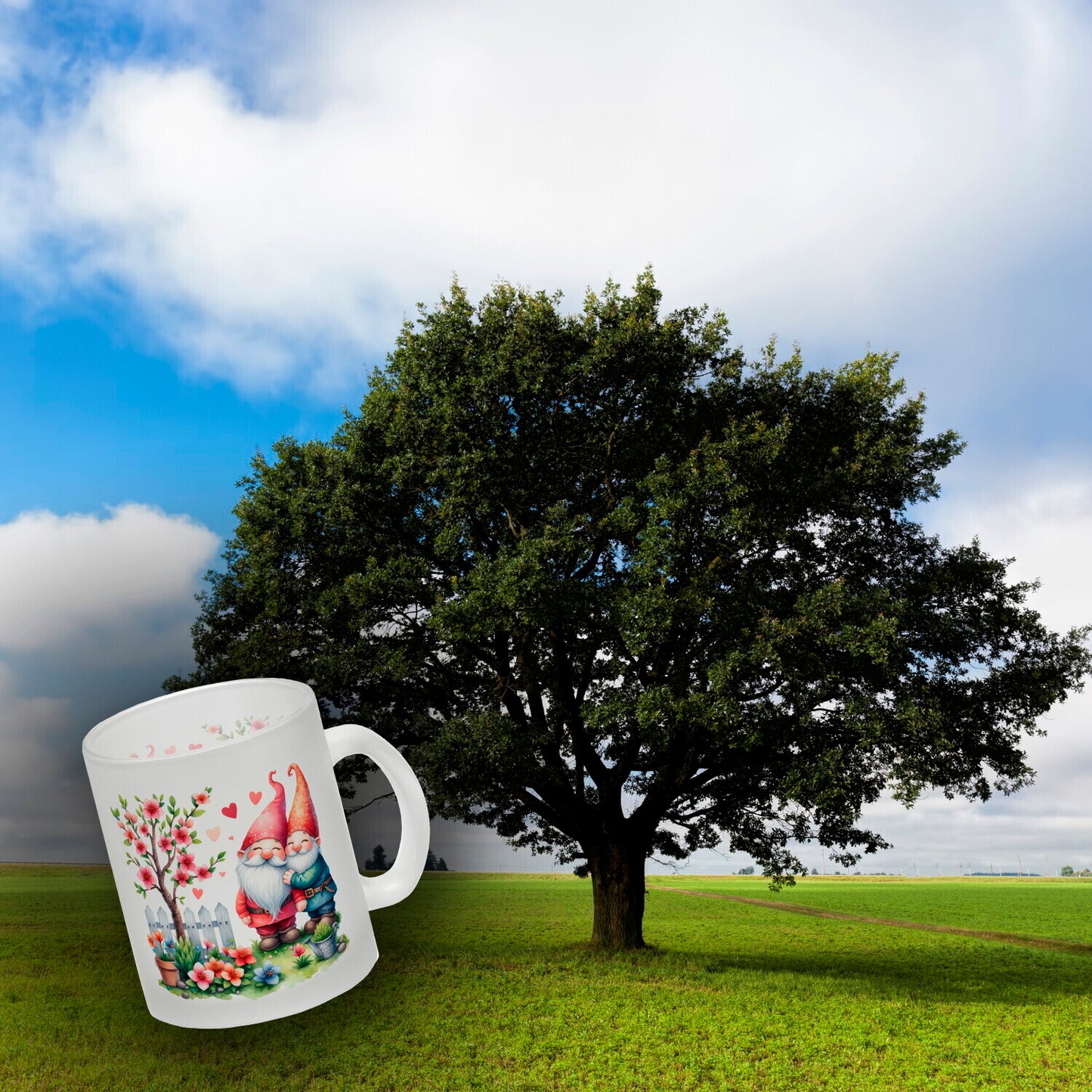 Verliebte Gartenzwerge mit Baum Glas Tasse