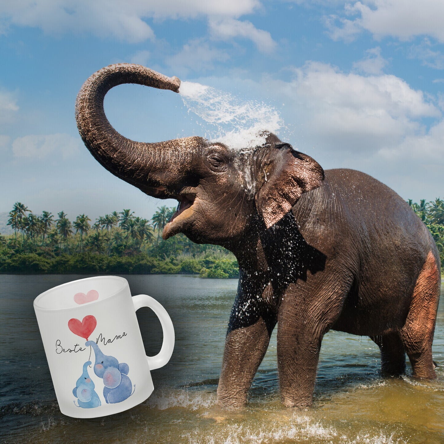 Elefant Mutter und Kind Glas Tasse mit Spruch Beste Mama